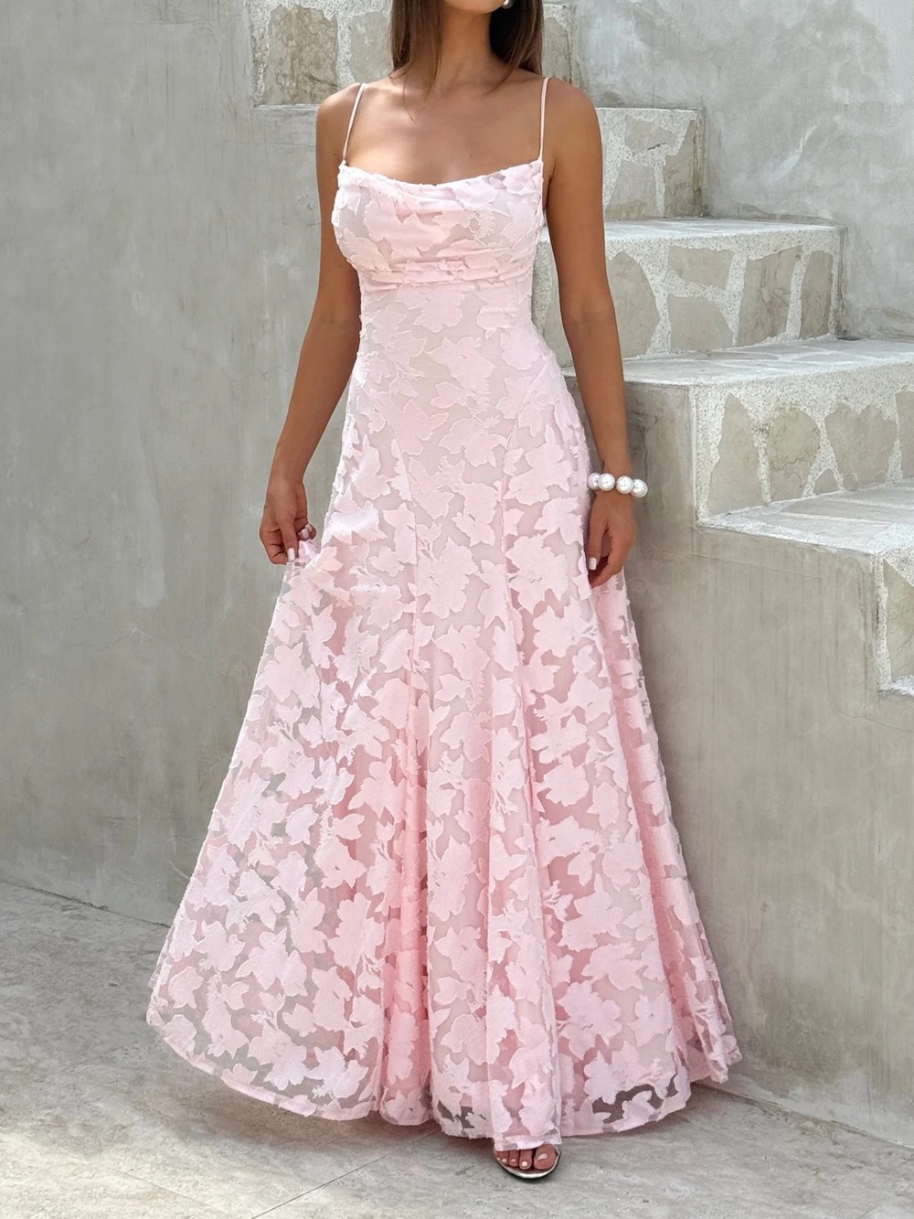 Brielle Floral Lace Dress in Baby Pink